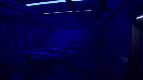 The image is a six-panel collage of dark, eerie scenes from a horror game or movie. Top row shows a blue-lit morgue with…