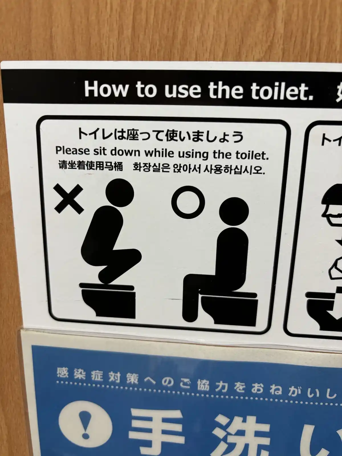 A public restroom sign titled 'How to use the toilet.' shows a black-and-white diagram with two stick figures: one squatting…