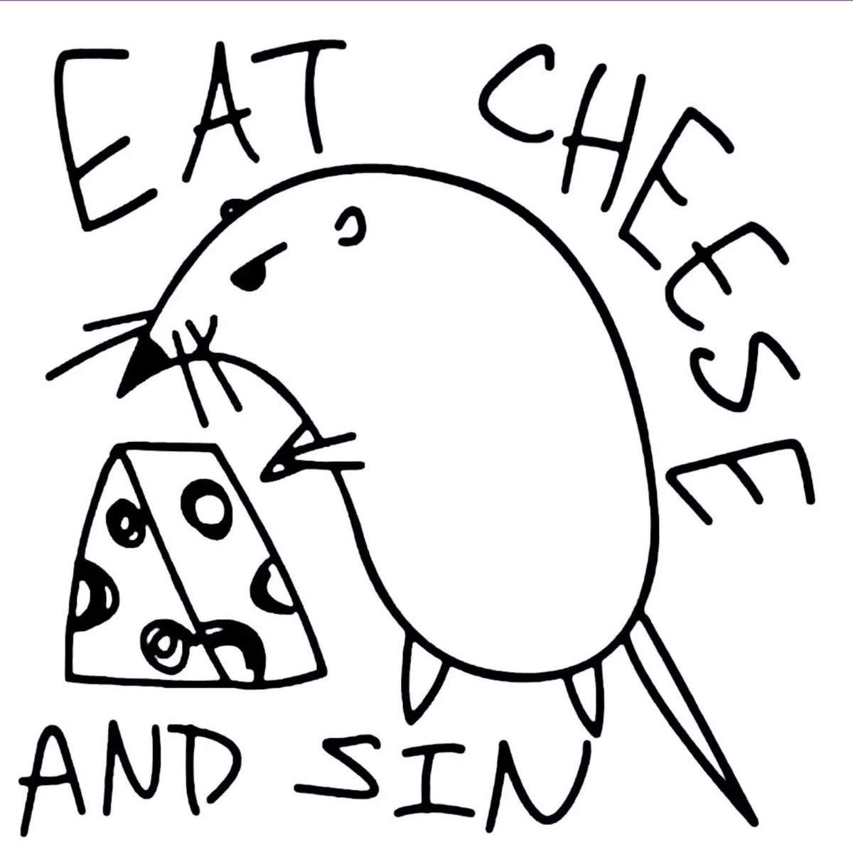 A simple black-and-white cartoon drawing shows a round, stylized rat with whiskers and a tail, holding a wedge of Swiss…