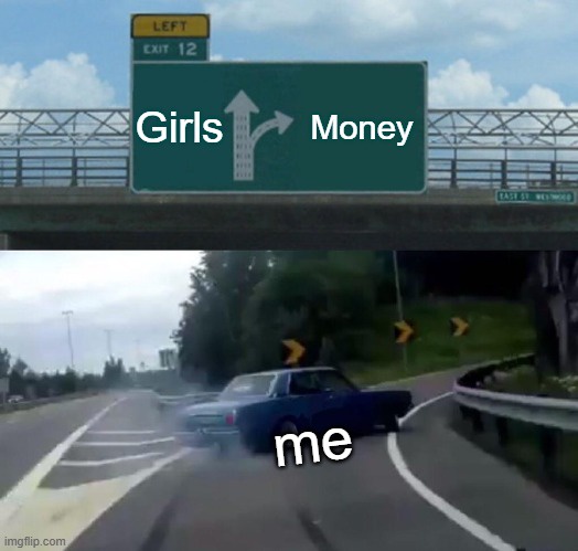 The top panel shows a green highway sign with 'Girls' and 'Money' written on either side of a forked arrow pointing left and…