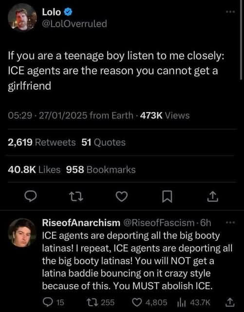 A screenshot of two Twitter/X posts. The top post by user 'Lolo' says 'If you are a teenage boy listen to me closely: ICE…