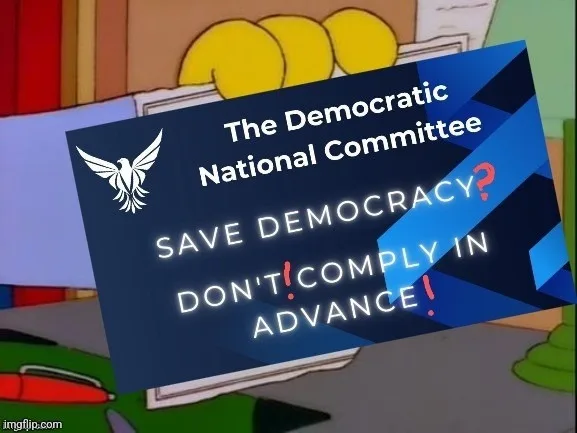 A dark blue graphic resembling a political campaign sign with a white dove logo and bold white text reading 'The Democratic…