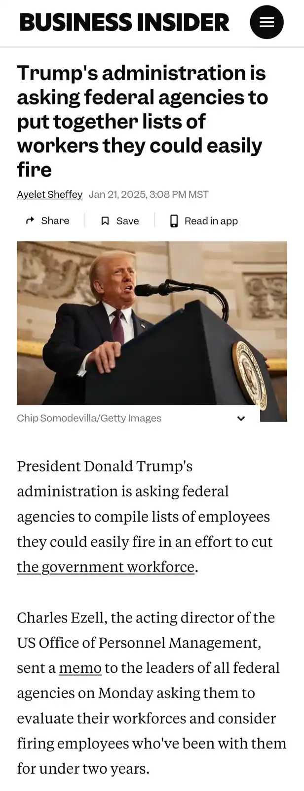 A screenshot of a Business Insider article from January 21, 2025, featuring a photo of Donald Trump speaking at a podium…