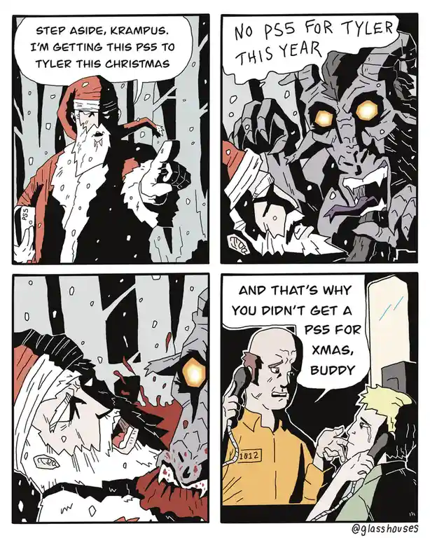A four-panel comic strip shows a Santa Claus character demanding to give a PS5 to his child Tyler, only to be confronted by…