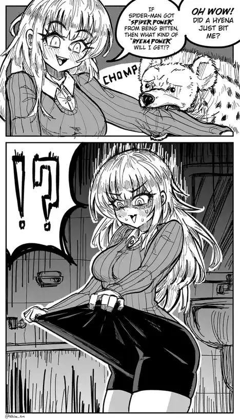 A two-panel black-and-white manga-style comic shows a blonde anime girl. In the top panel, she excitedly wonders what 'hyena…