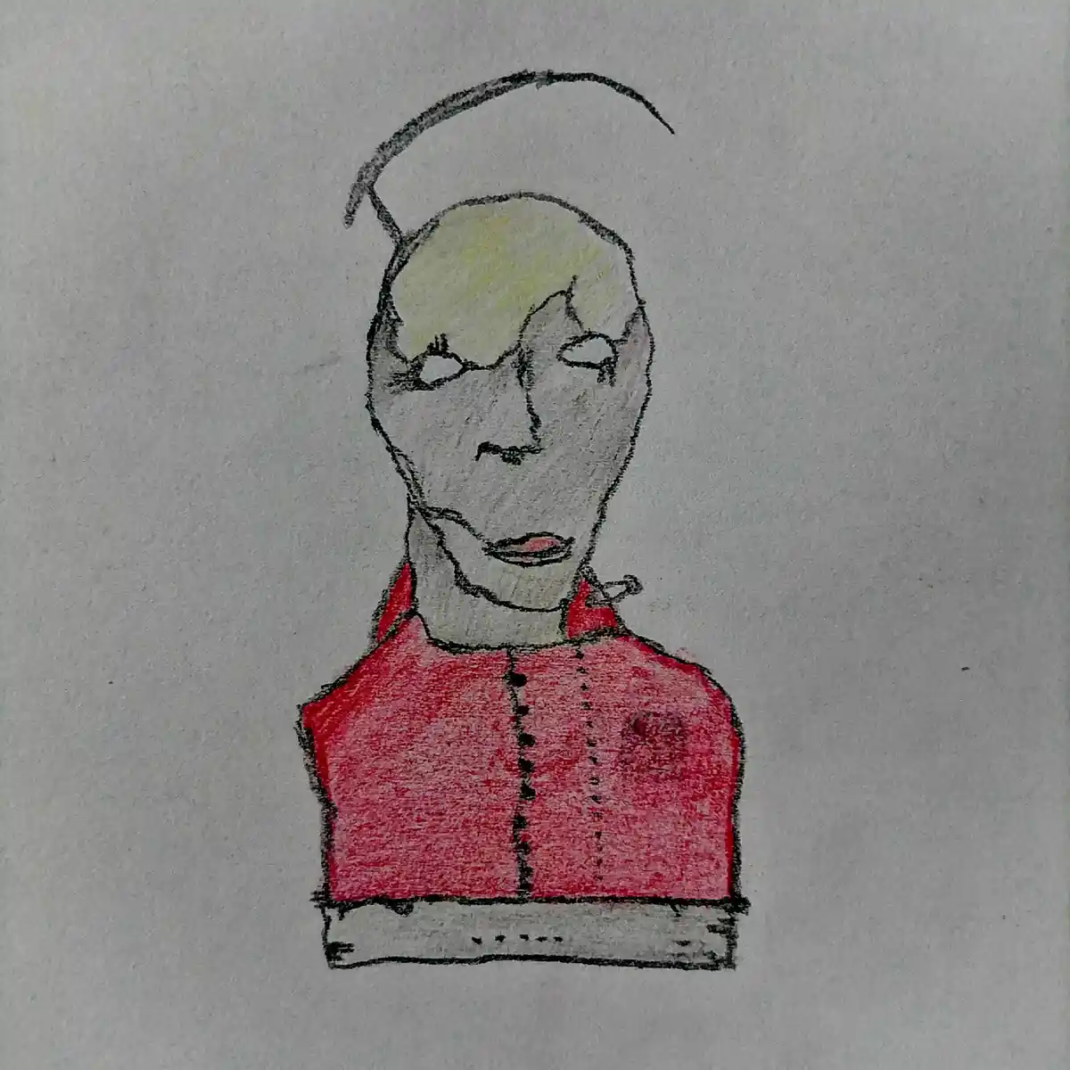A hand-drawn, crudely colored sketch of a person with a stern, slightly menacing expression, wearing a red jacket and a…