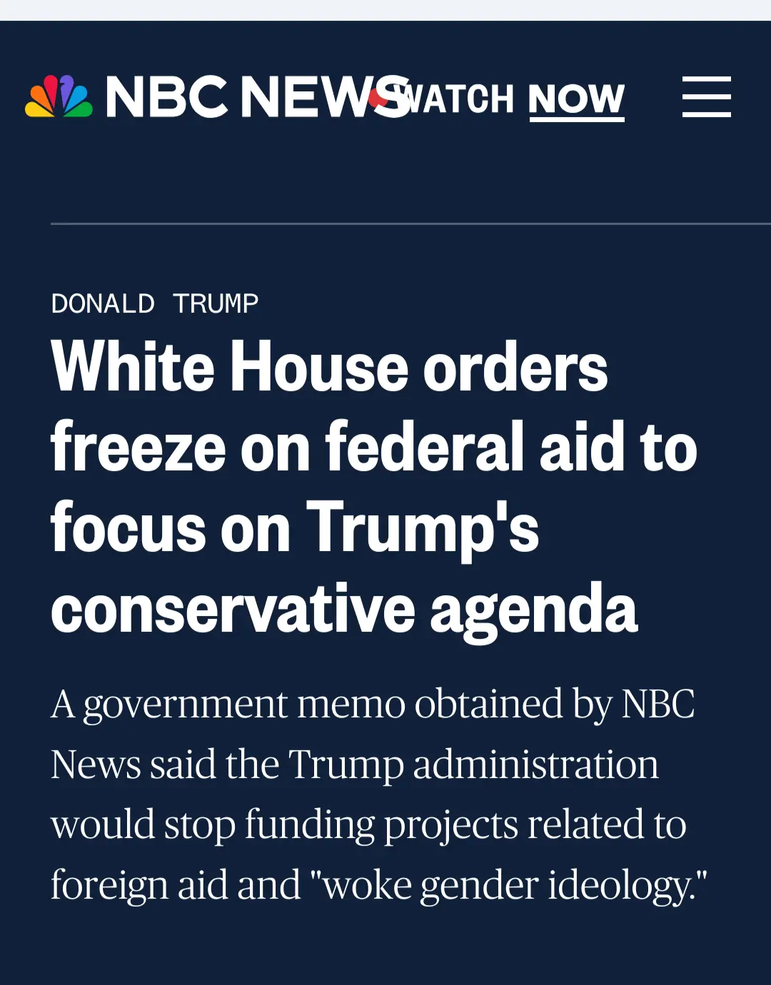 An NBC News screenshot shows a headline about a fictional government memo ordering a freeze on federal aid to focus on…