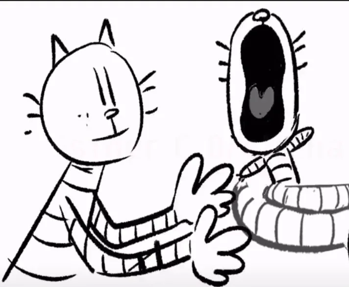 A black-and-white cartoon drawing shows a cat-like character with a smug expression gesturing toward another character whose…