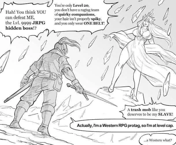 A black-and-white manga panel shows a female boss character mocking a male protagonist for being weak, citing his low level…