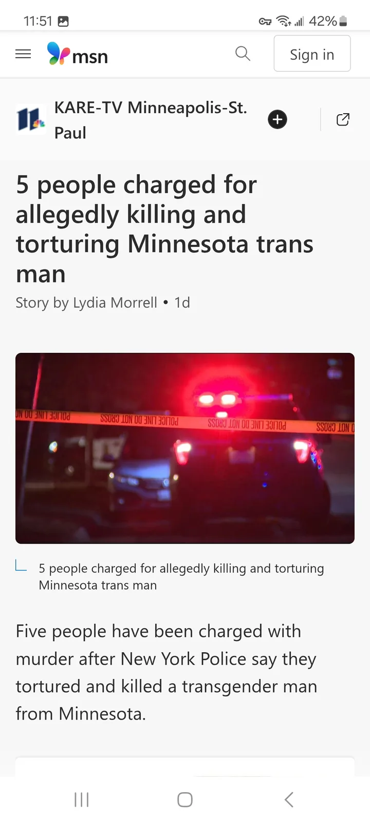 A screenshot of an msn news article from KARE-TV Minneapolis-St. Paul shows a photo of a crime scene at night with police…