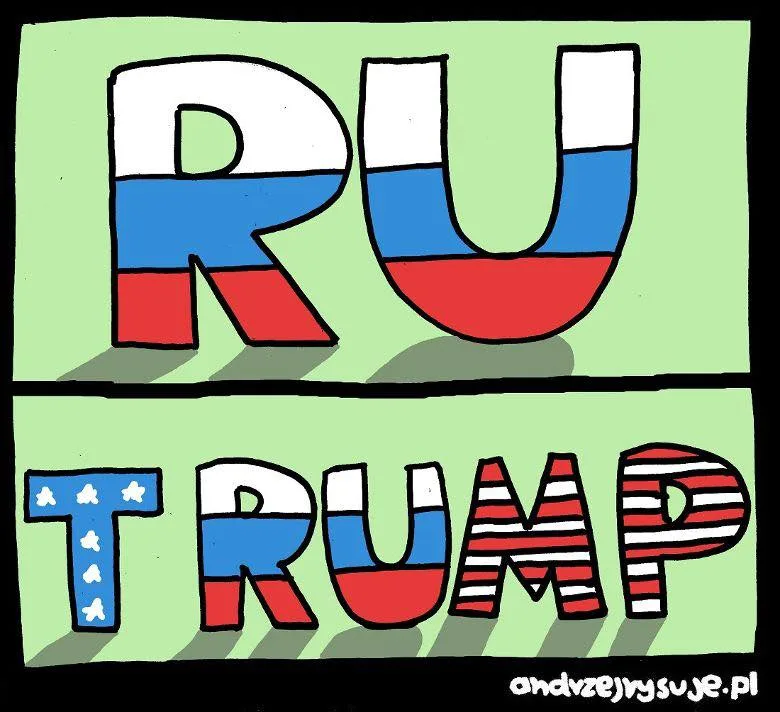 The image displays the phrase 'RU TRUMP' in large, blocky letters against a light green background. The letters 'RU' are…