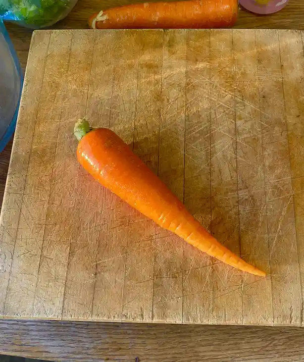 A single orange carrot with a very long, tapered tail lies diagonally on a well-used wooden cutting board covered in knife…
