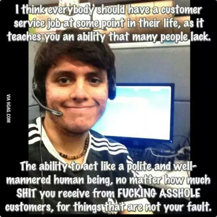 A man wearing a headset and a striped shirt smiles while sitting in front of a computer monitor. Overlaid text reads: 'I…