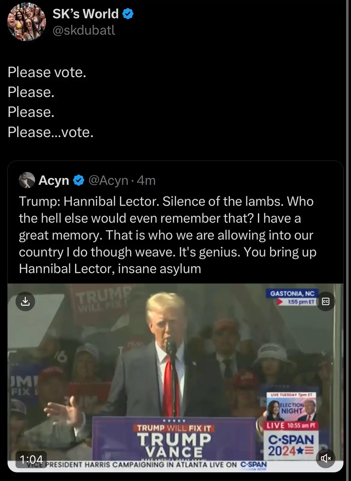 A screenshot of a Twitter thread shows a user named Acyn commenting on a video clip of Donald Trump speaking at a rally. The…