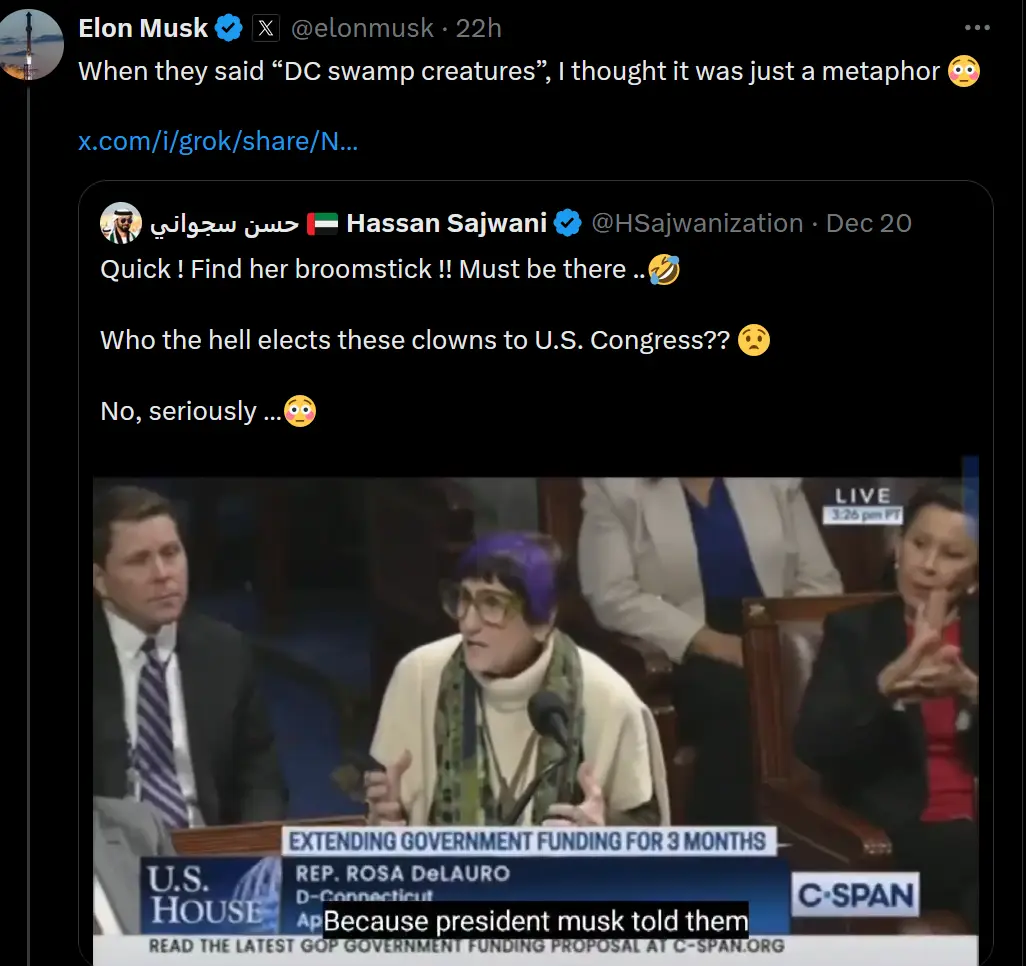 A screenshot of a Twitter thread shows Elon Musk reacting to a tweet from Hassan Sajwani about 'DC swamp creatures'. Below…
