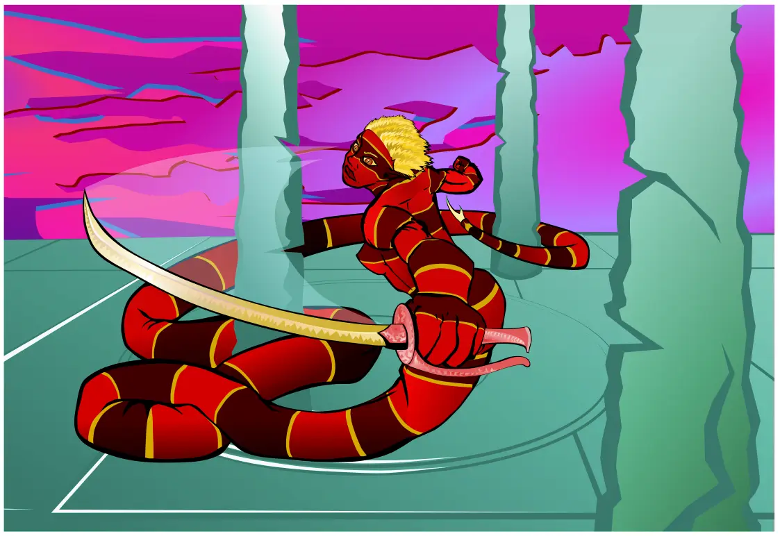 A cartoon ninja with blonde hair and red/yellow striped outfit is coiled like a snake on a circular platform, holding a…