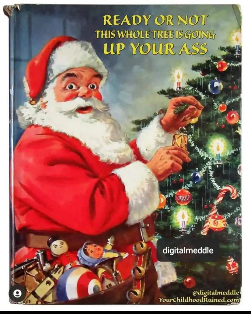 A vintage-style illustration shows a startled-looking Santa Claus in his red suit and hat, holding a lit candle while…