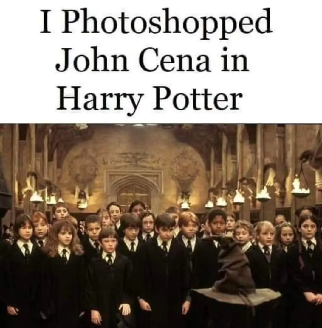 A group of young Harry Potter students in black robes stand in a grand, candlelit hall. One boy in the front row has been…