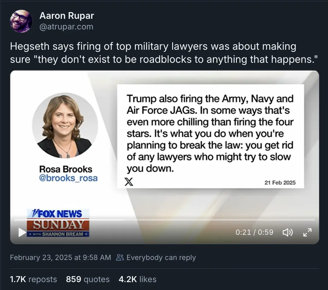 A screenshot of a tweet by Rosa Brooks, showing her profile picture and a quote attributed to her about Trump firing…