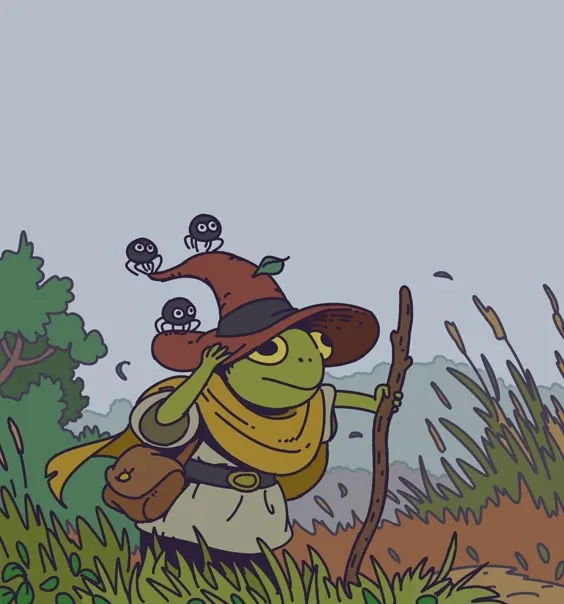 A cartoon frog wearing a wide-brimmed witch's hat and carrying a staff and satchel walks through tall grass. Three small…