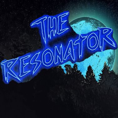 A stylized logo with the words 'THE RESONATOR' in glowing blue neon lettering, set against a dark night sky with a large…