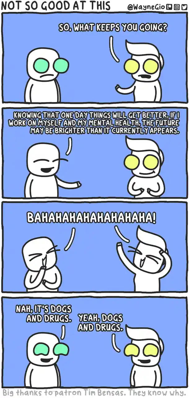 A four-panel comic strip featuring two cartoon characters with large eyes and simple white bodies. In the first panel, one…