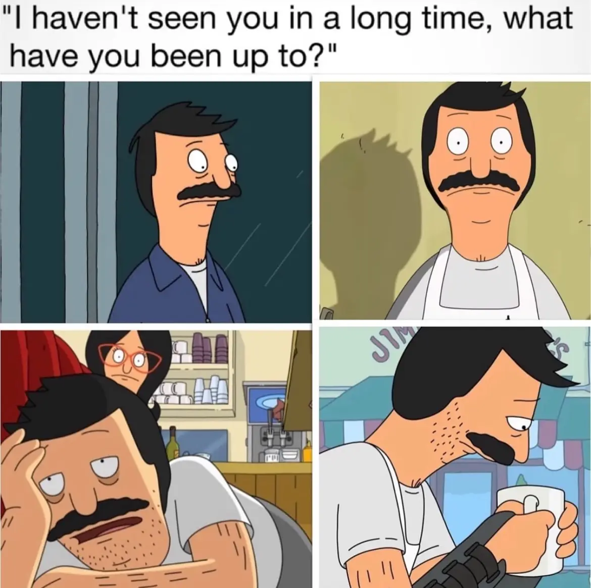 A four-panel Bob's Burgers comic strip shows Bob looking surprised, then thoughtful, then stressed while holding his head…