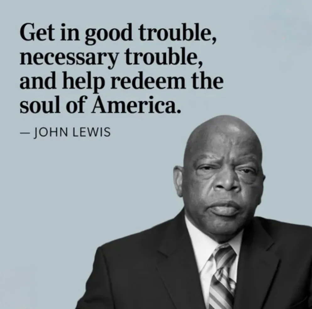 A black-and-white portrait of John Lewis, a civil rights leader, looking solemn in a suit and tie against a light blue…