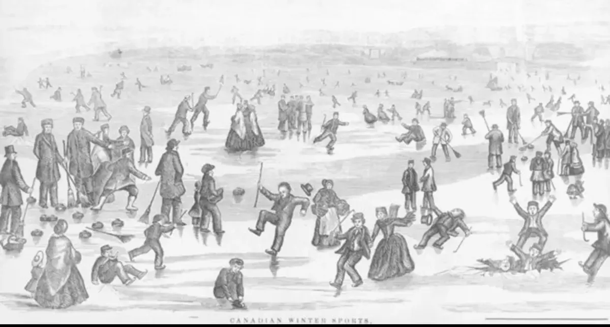 A historical black-and-white illustration depicts a large, crowded ice rink filled with people in 19th-century clothing…