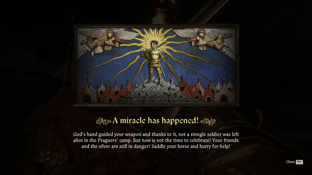 A framed medieval-style painting shows a golden knight standing atop a pile of skulls and armor, surrounded by golden rays…