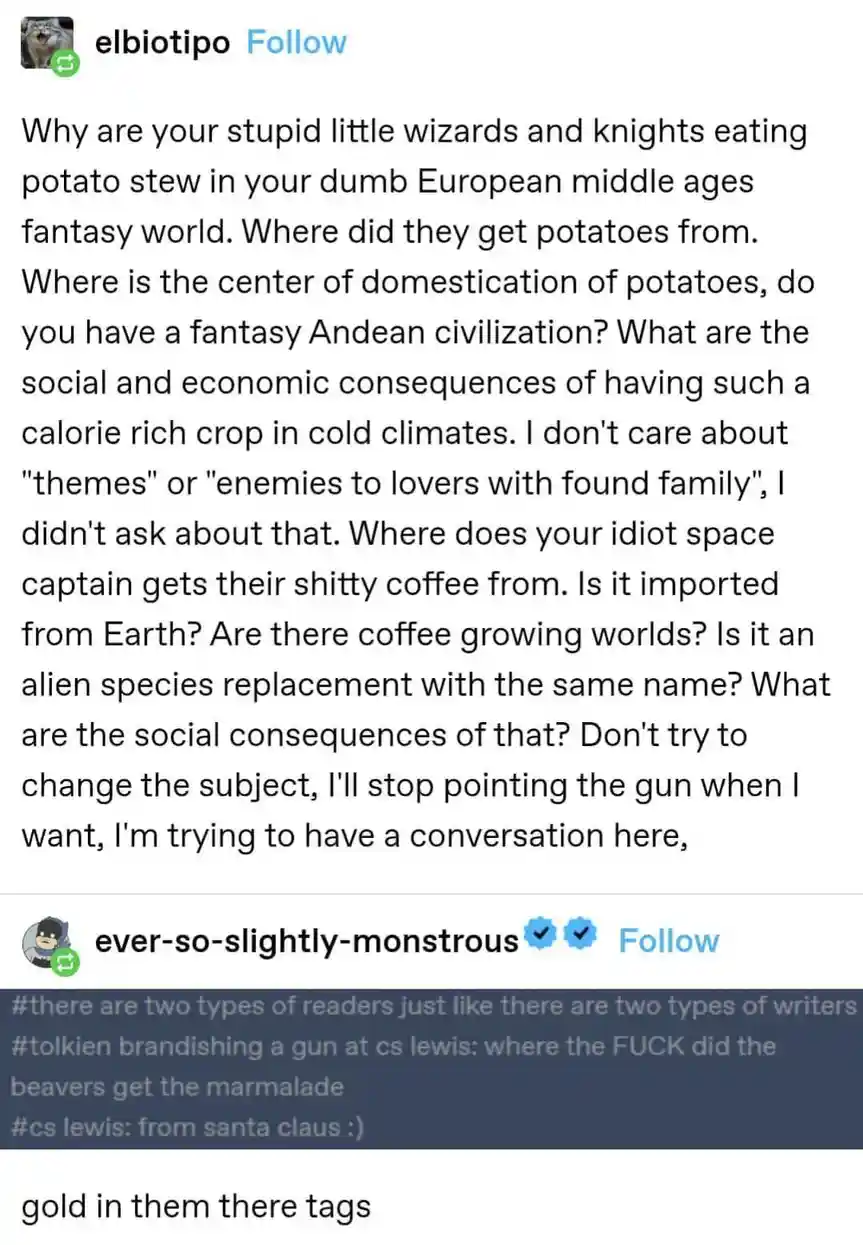 A screenshot of a Twitter thread shows a user named 'elbiotipo' posting a long, sarcastic rant questioning the logic of…