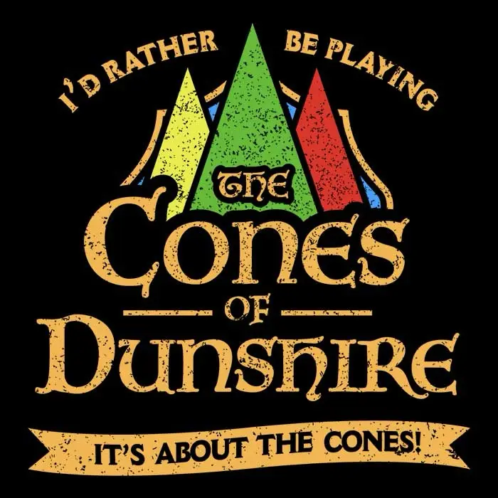 A black background features three stylized mountain peaks in green, yellow, and red, with the text 'I'D RATHER BE PLAYING…