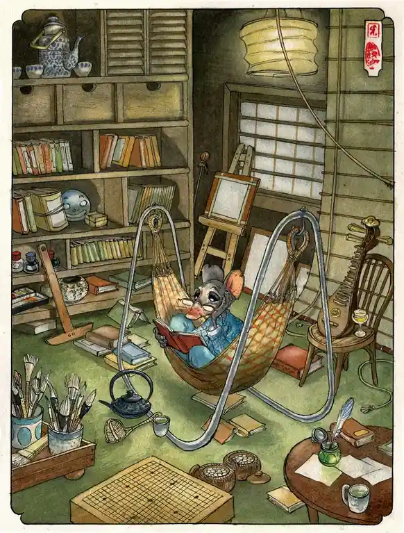 An illustrated mouse wearing glasses sits in a hammock reading a book in a cluttered, cozy room filled with books, art…