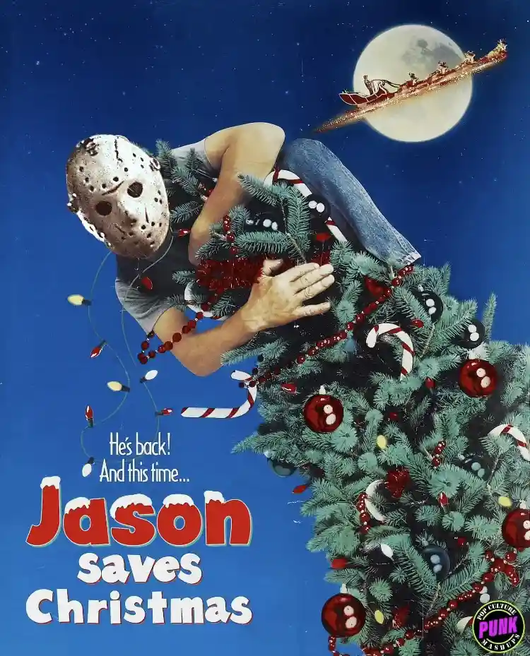 A person wearing a Jason Voorhees hockey mask is shown hugging a heavily decorated Christmas tree against a starry night sky…