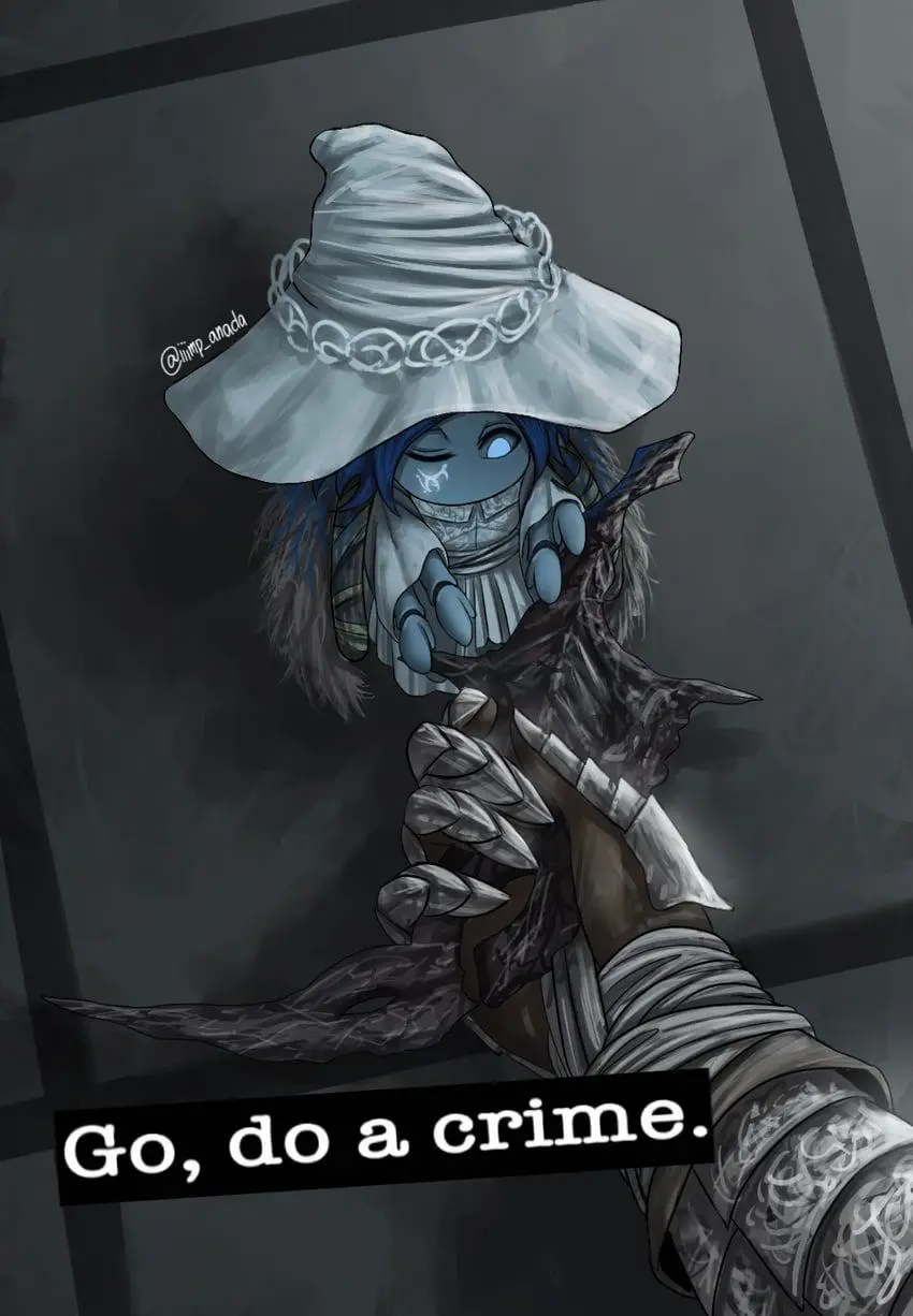 An anime-style illustration of a blue-skinned character with a wide-brimmed white hat adorned with chains, wearing a white…