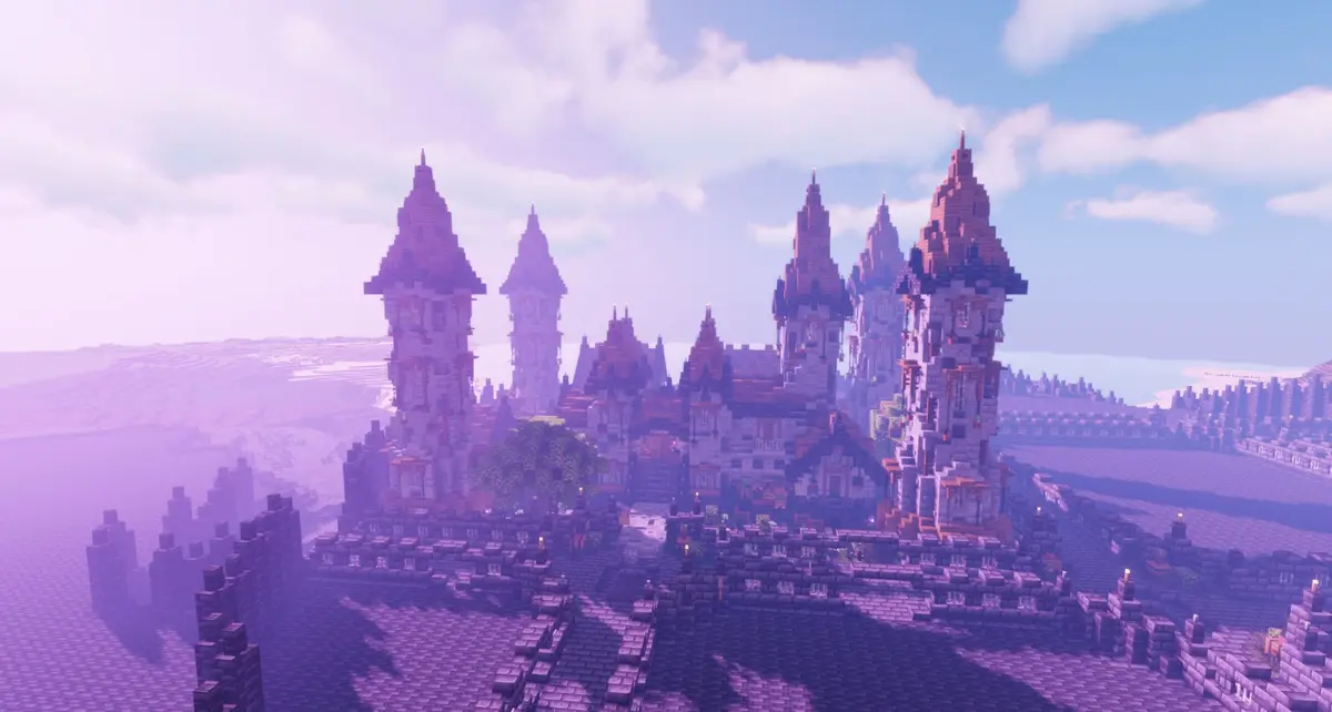 A screenshot from the game Minecraft shows a large, intricately built castle with multiple towers and turrets, constructed…