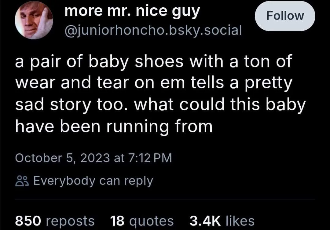 A screenshot of a social media post by 'more mr. nice guy' with a black background and white text. The post reads: 'a pair…