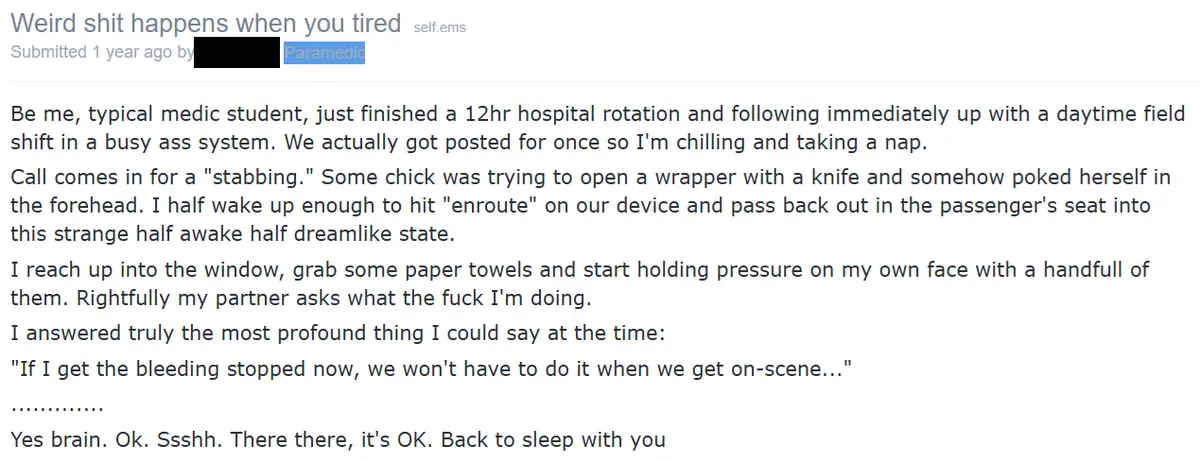 A Reddit post screenshot with a blacked-out username and 'Paramedic' in blue text. The post describes a medic student…