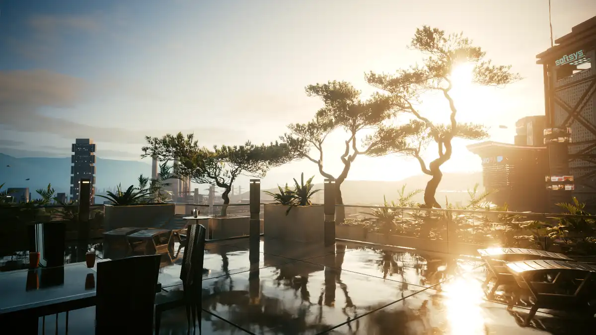A serene, sunlit rooftop terrace with modern furniture, potted trees, and a reflective floor, overlooking a futuristic…