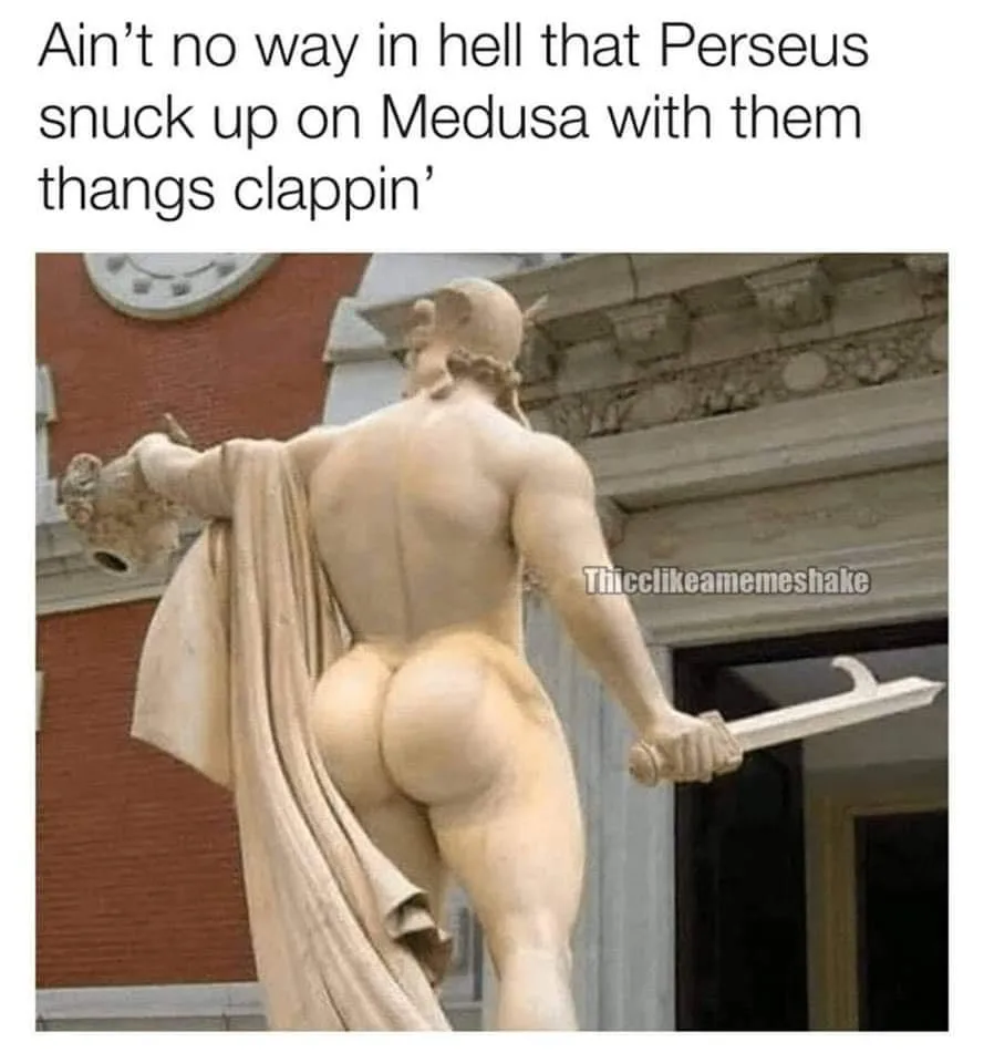 A marble statue of Perseus viewed from behind, showcasing exaggeratedly large buttocks, holding a sword in one hand and a…