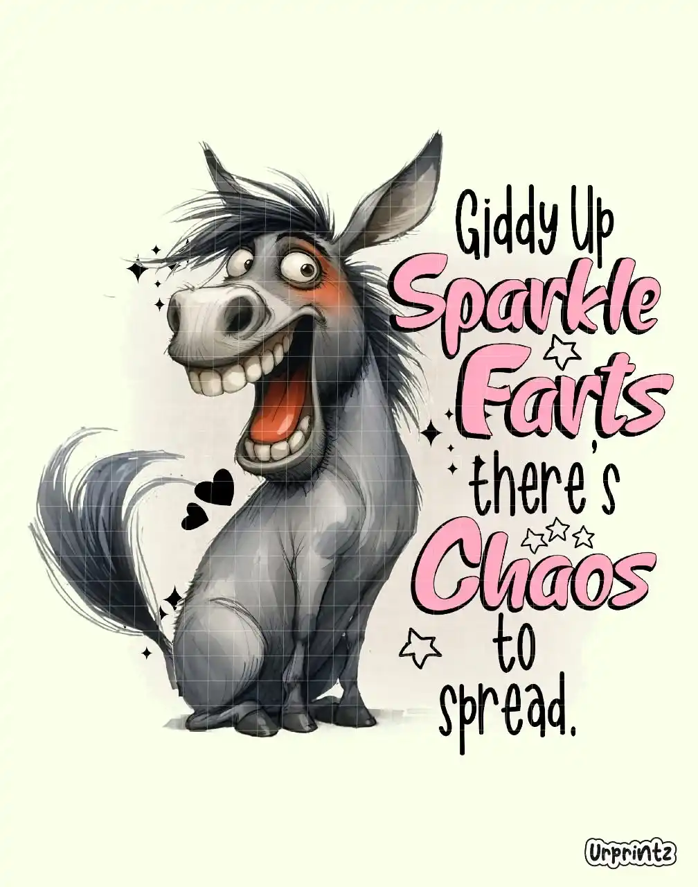 A cartoon horse with a wild, joyful expression sits on its haunches, mouth wide open in a grin, with sparkles and hearts…