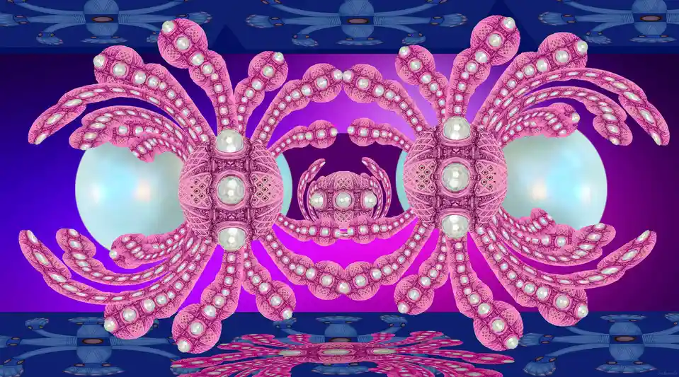 A symmetrical digital artwork features two large, ornate pink fractal creatures resembling spiders or octopuses, each…