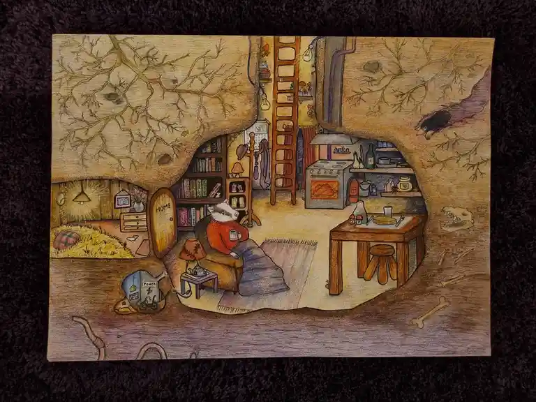 A whimsical, hand-drawn illustration depicts a cozy, fully furnished treehouse interior with a badger in a red sweater…
