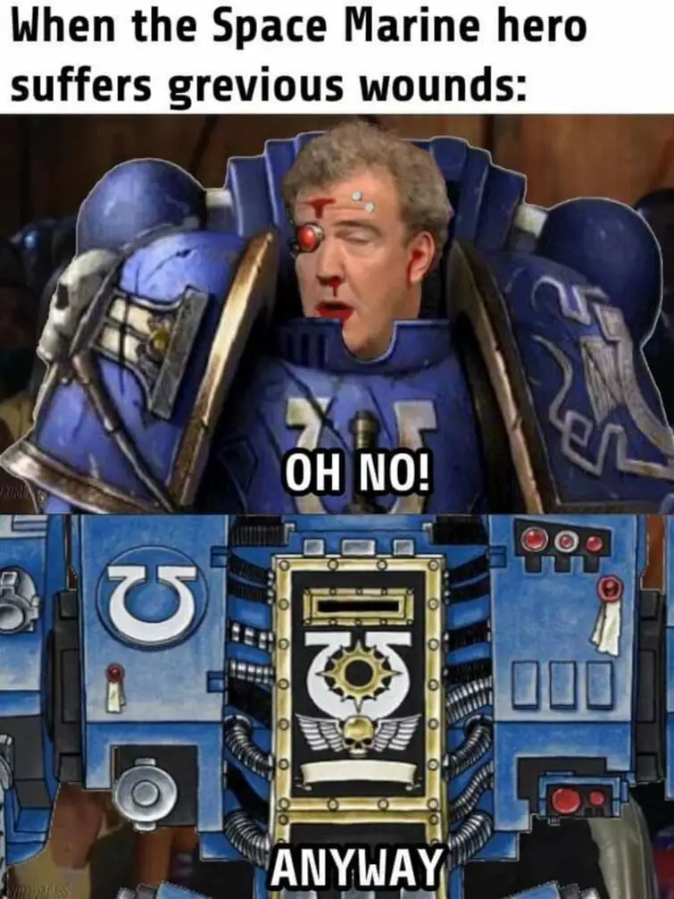The image is split into two panels. The top panel shows a man's face superimposed onto a blue Space Marine power armor, with…