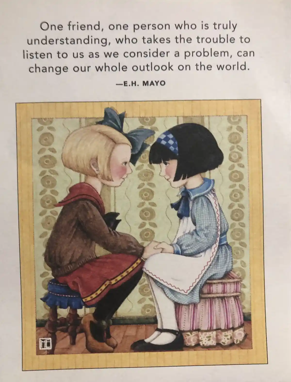 An illustration of two young girls sitting on stools, holding hands and looking at each other with a warm, empathetic…