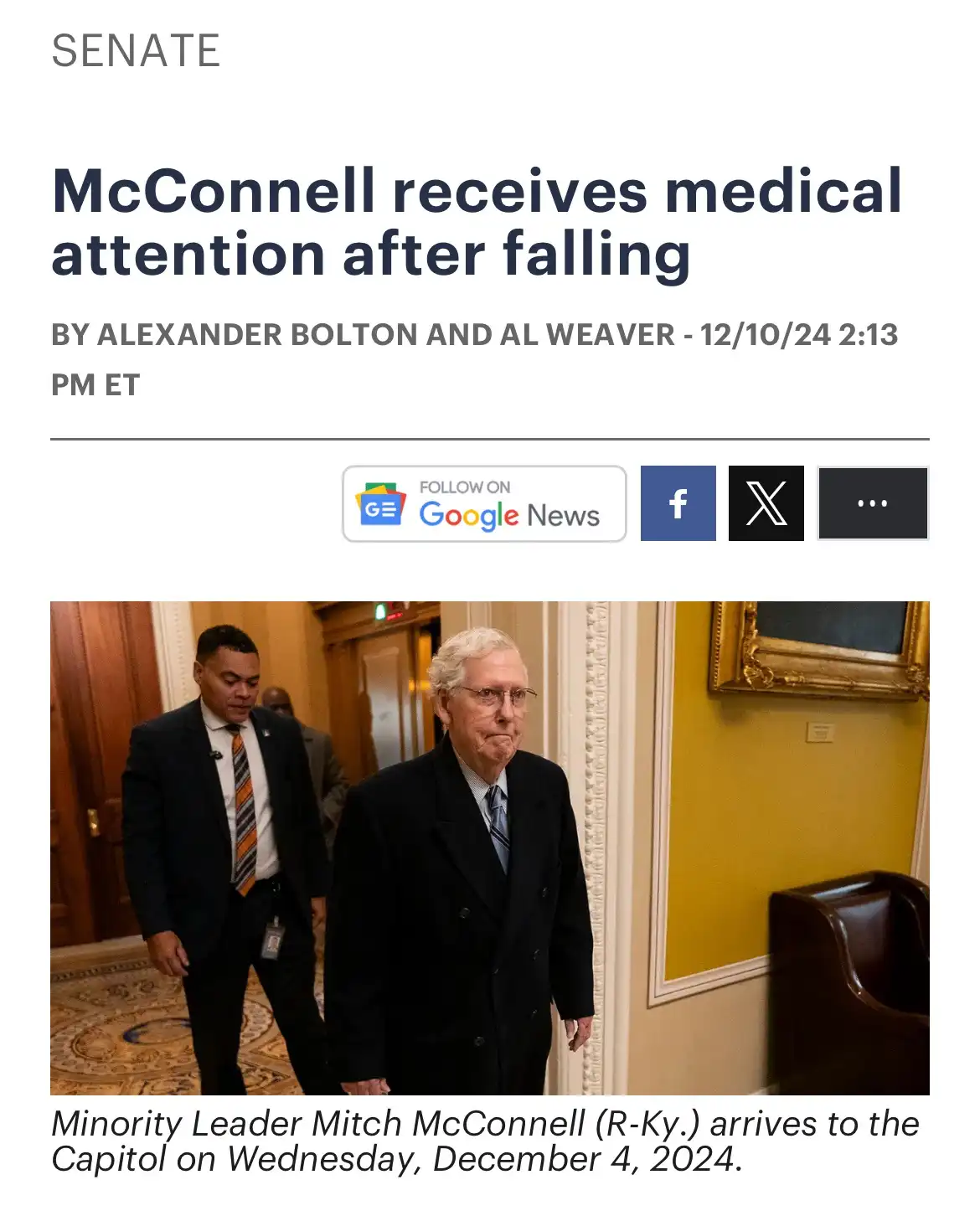 A screenshot of a Google News article titled 'McConnell receives medical attention after falling' shows a photo of Senator…