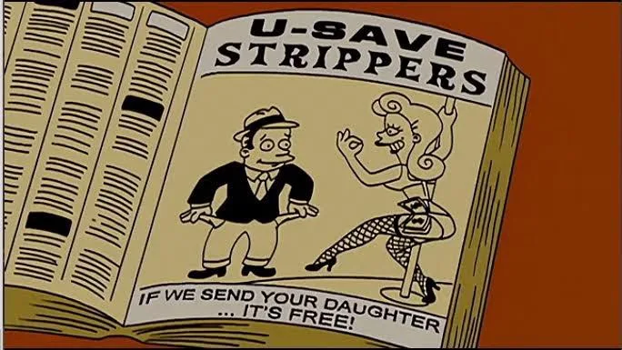 An open book displays a vintage-style advertisement for 'U-SAVE STRIPPERS' featuring a cartoon man and a stripper. The ad…