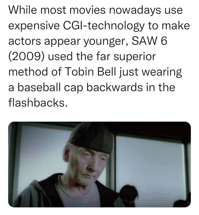 A still image of actor Tobin Bell from the movie SAW 6 (2009), wearing a dark baseball cap backwards on his head, looking…