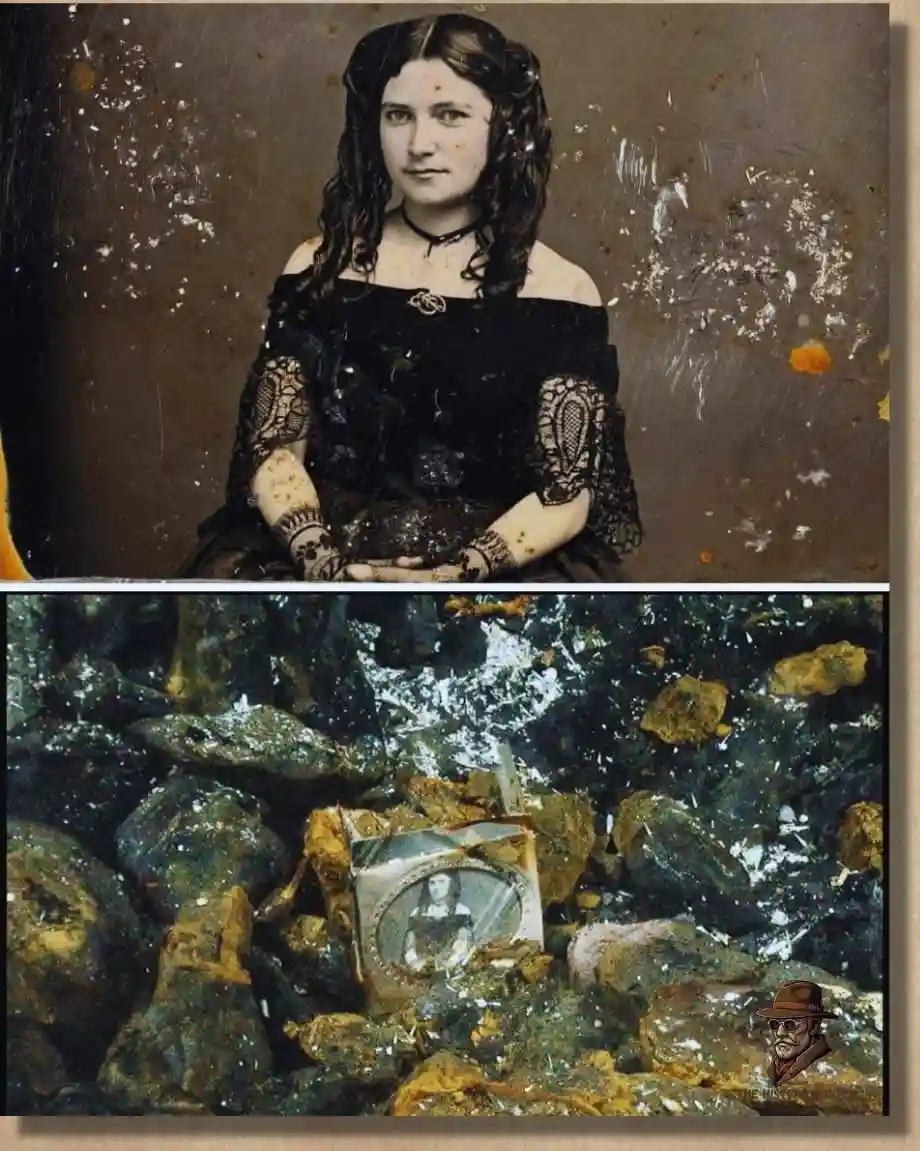 The image is split into two parts: the top shows a vintage portrait of a woman in a black lace dress with a distressed, aged…