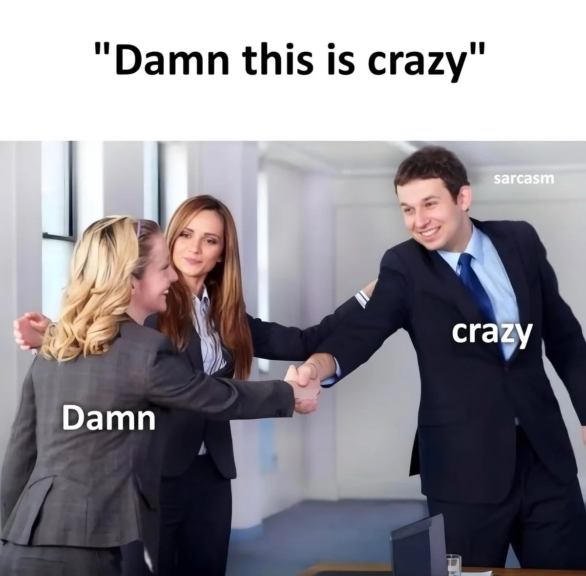 Three people in business attire are shaking hands in an office setting. The person on the left has the word 'Damn' overlaid…